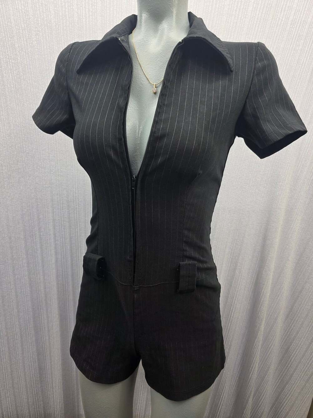 Vintage Y2k 2b Clothing Romper Small Black Pinstripe Zip Up Shorts Jumpsuit